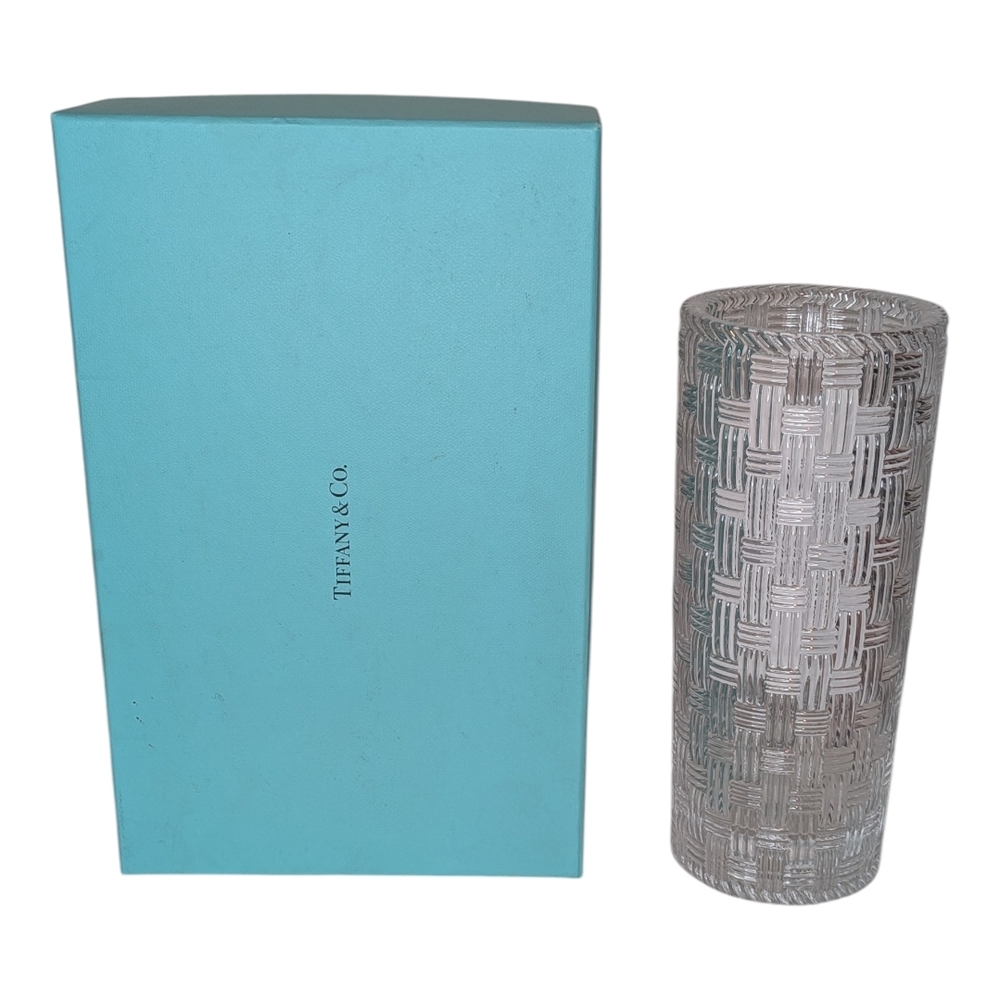 Tiffany & Co. Woven Cylinder Basket weave Crystal Vase Tiffany & Co Vase 8in